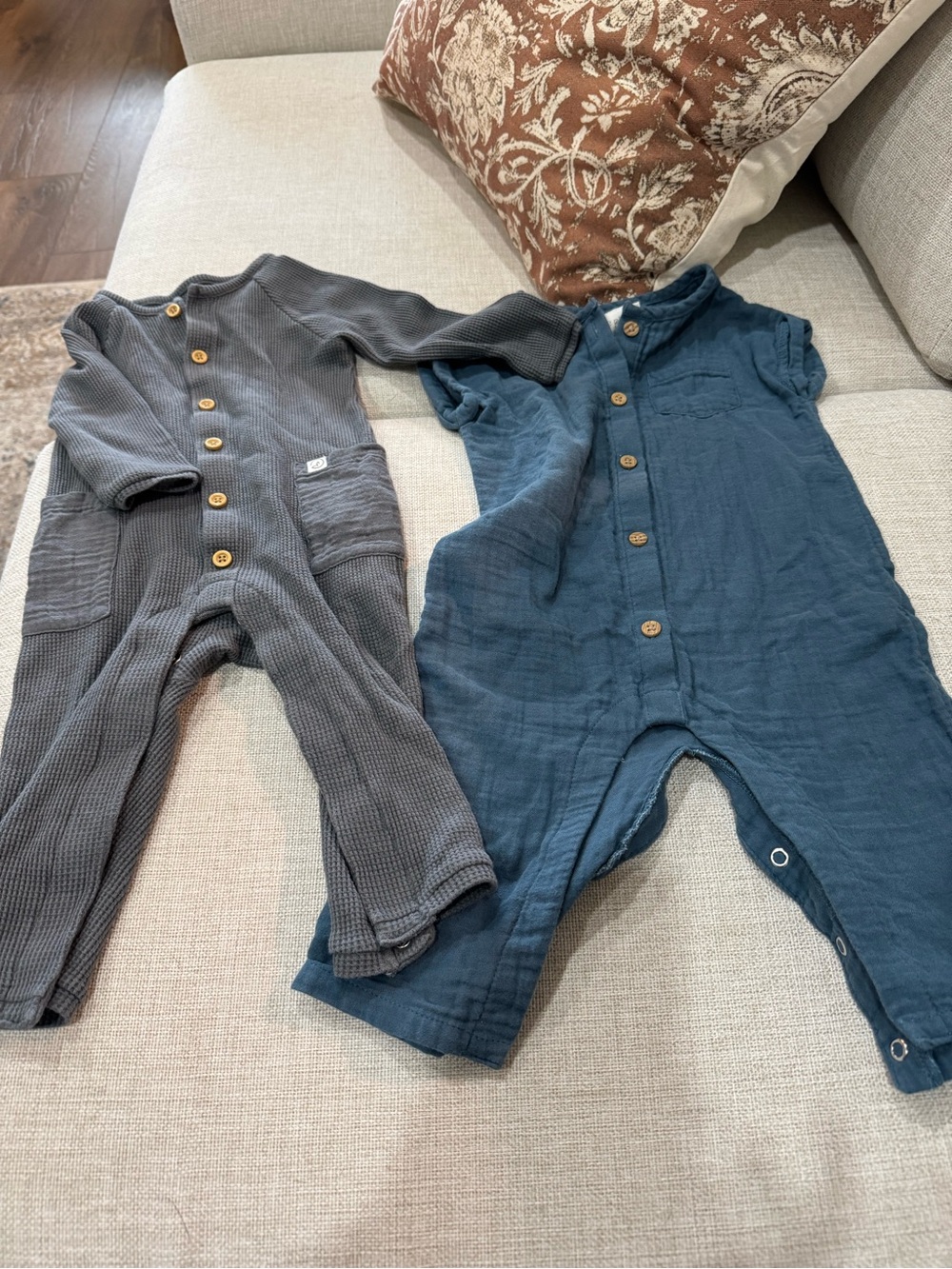 Kids One-Piece Button Romper in Slate Gray and Deep Blue